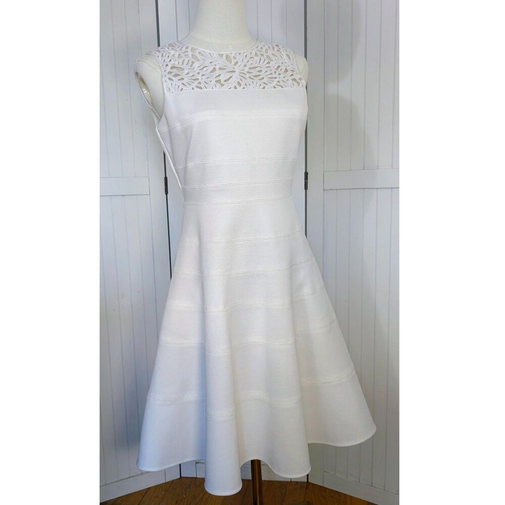 WHBM White Fit & Flare Dress 4P Lace Yoke Bridal Shower Rehearsal Dinner Wedding